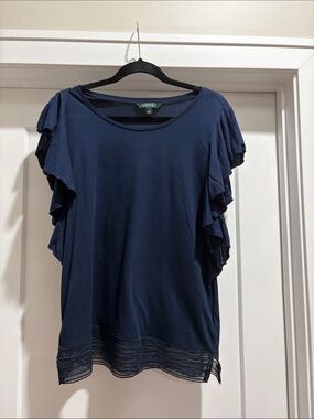 Lauren Ralph Lauren Navy Short Sleeve Ruffle Lace-Hem Blouse M